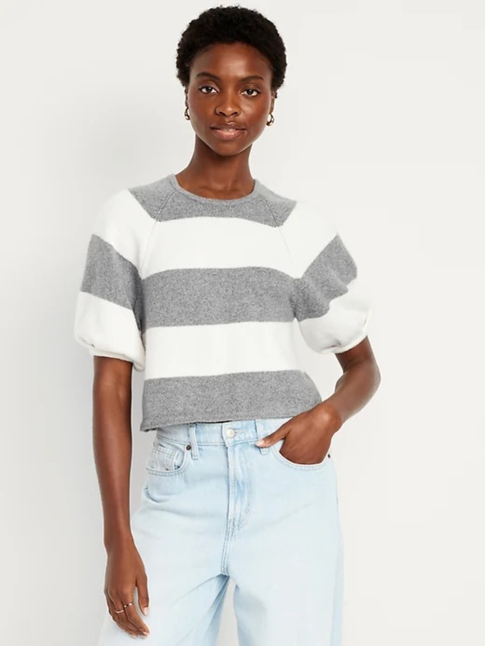 Old Navy Cream and Gray Wide-Striped Cropped Sweater